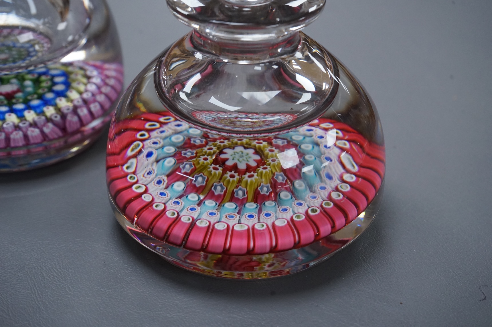 Two Whitefriars millefiori inkwells with stoppers, tallest 17cm high.